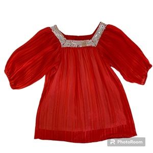 Grane Red Blouse Silver Sequin Square Neck Sheer Lined Pleated Girls Size XL